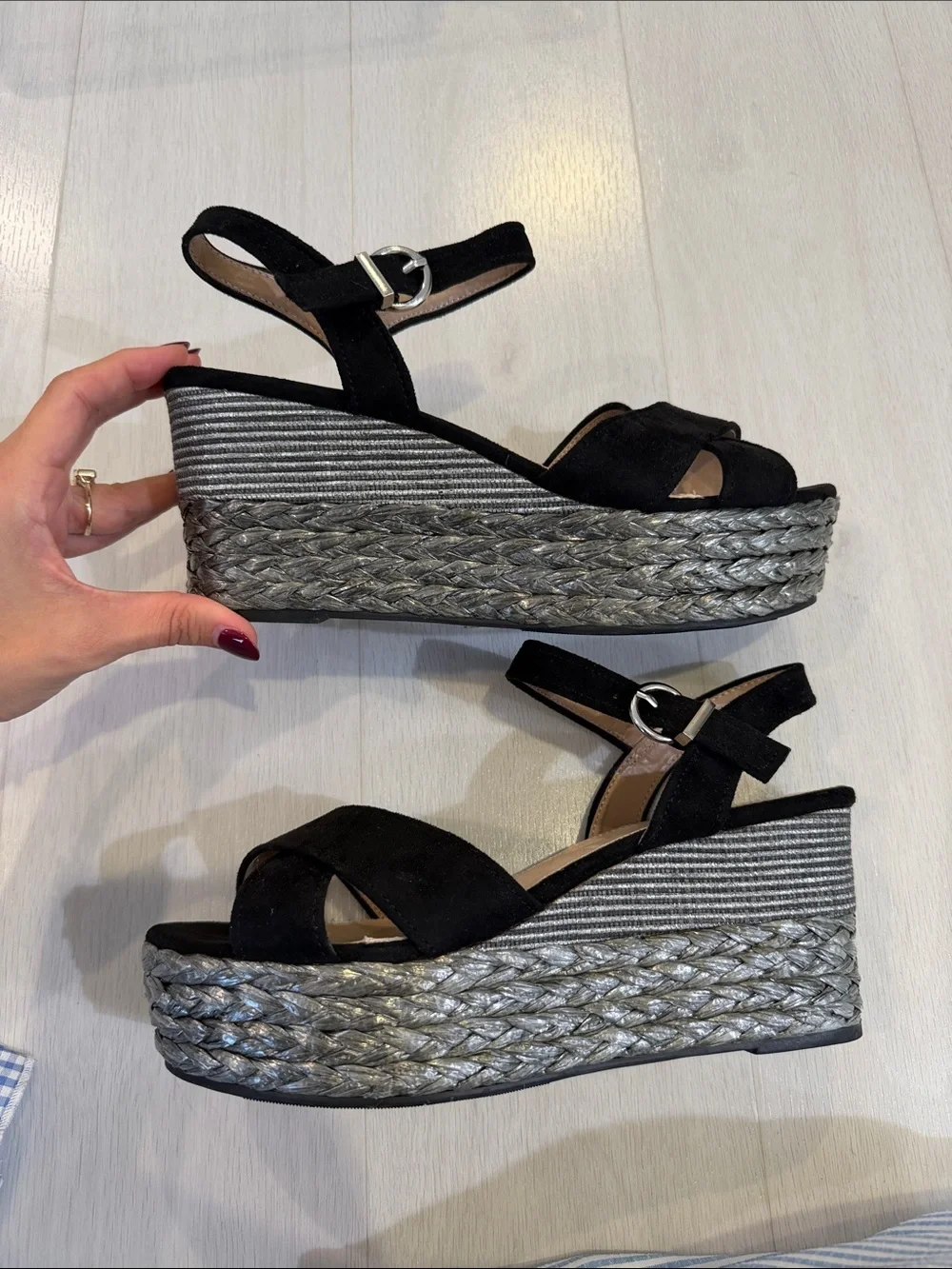 Black Suede Ankle-Strap Wedge Sandals with Metallic Espadrille Platform